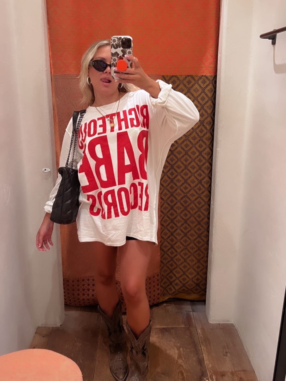 Free People White Long-Sleeve Graphic Tee with Red Print